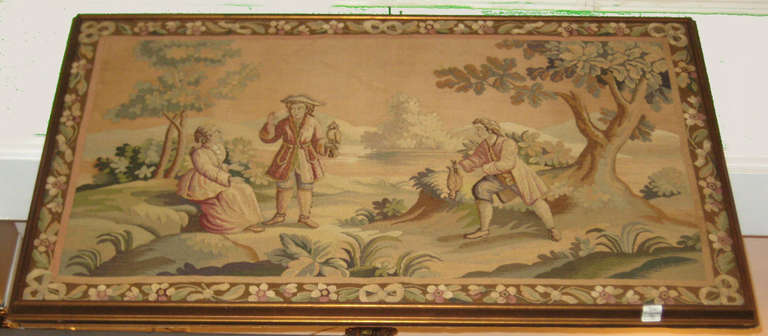 French Aubusson style scenic landscape tapestry panel; verso of frame with Middletown Art Gallery, NY label.