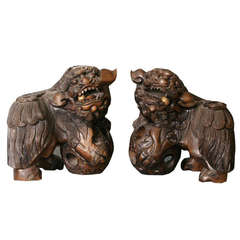 Large Pair of 19th Century Chinese Carved Hardwood Foo Dogs (Shi)