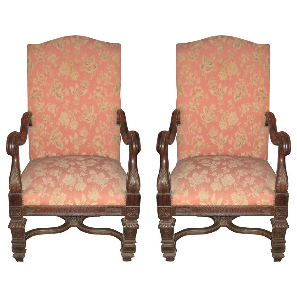 Pair of 19th Century Italian Carved Oak Open Armchairs