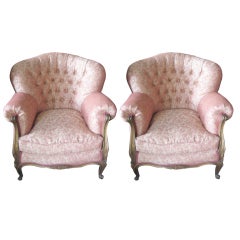 Pair of Louis XV Carved and Partial Gilt and Tufted Bergères