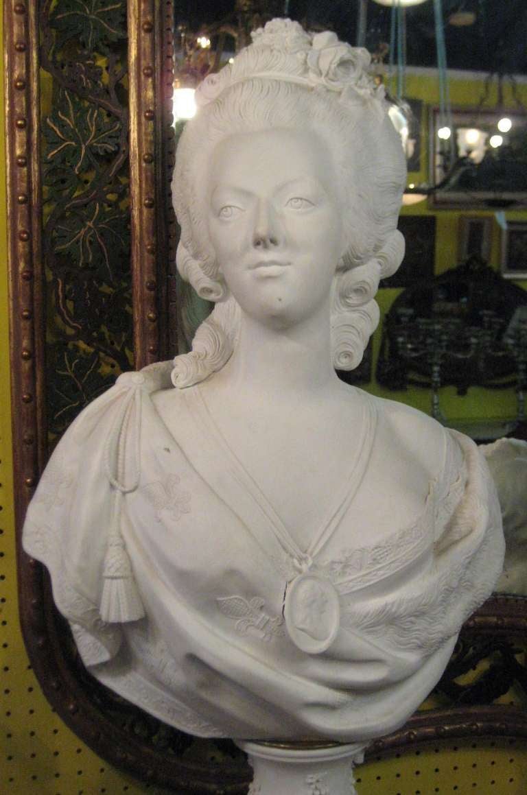 Fine 19th c. Signed Sevres Bisque Porcelain Bust of Marie Antoinette on a gilt-bronze base.