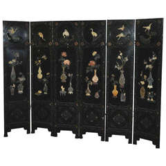 Antique Chinese Hardstone Mounted Black Lacquered Folding Screen