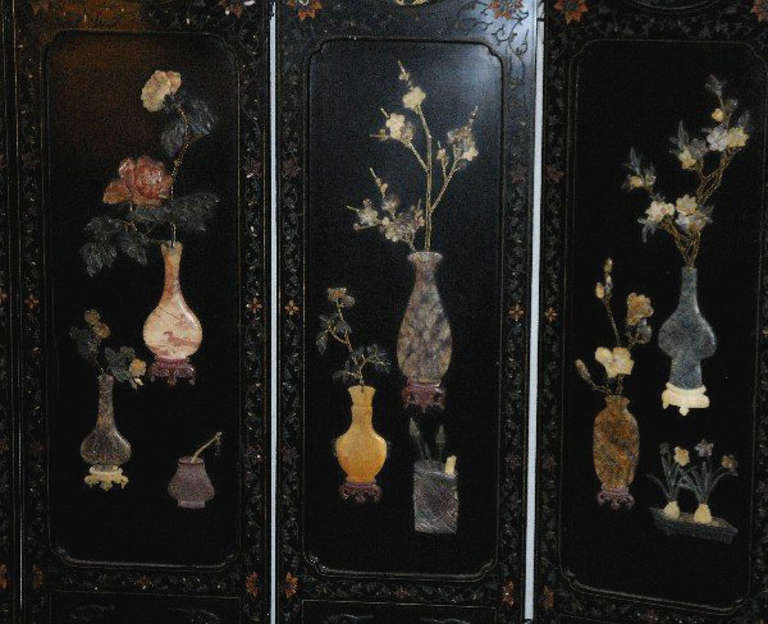 Other Antique Chinese Hardstone Mounted Black Lacquered Folding Screen