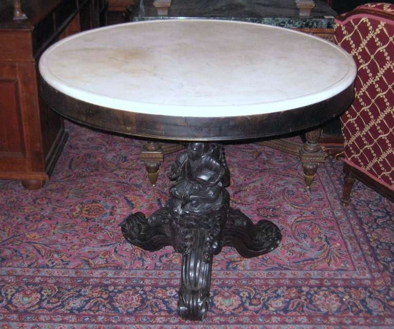 19th C. Chinese Carved Hardwood And Marble Top Center Table