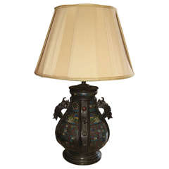 19th c. Chinese Bronze and Cloisonne Table Lamp with Elephant Handles