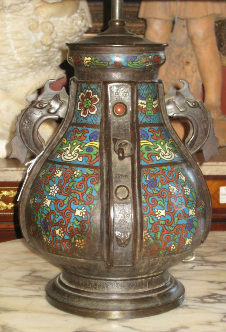 Other 19th c. Chinese Bronze and Cloisonne Table Lamp with Elephant Handles