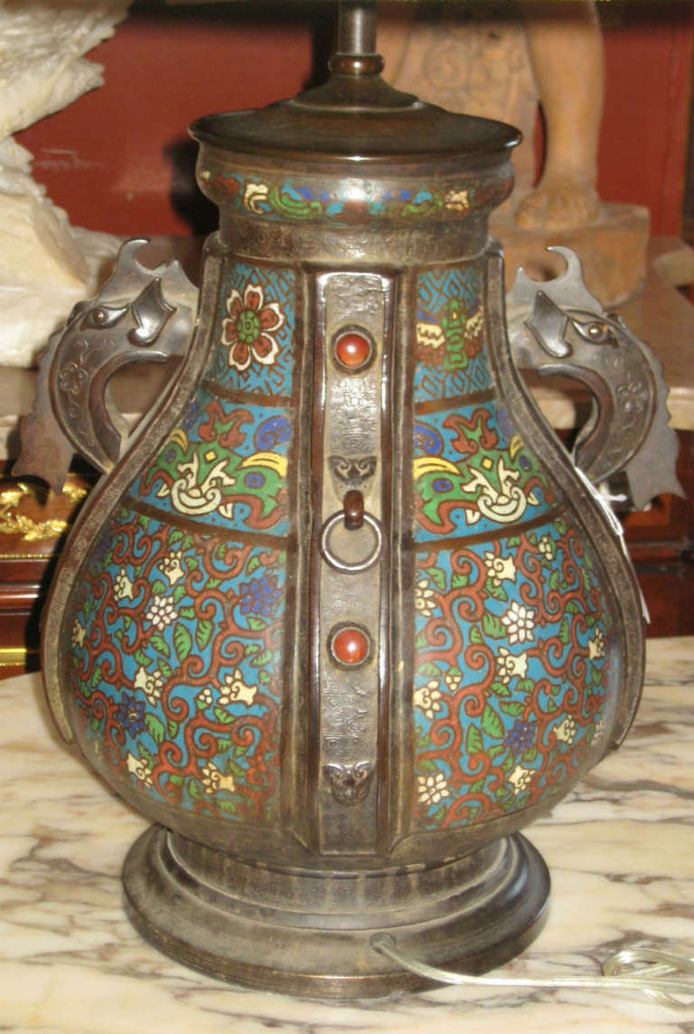 Cloissoné 19th c. Chinese Bronze and Cloisonne Table Lamp with Elephant Handles