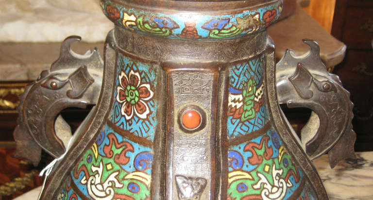 19th Century 19th c. Chinese Bronze and Cloisonne Table Lamp with Elephant Handles