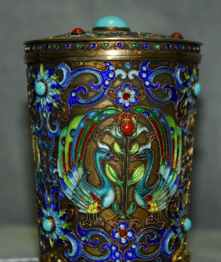 Very fine Chinese silver-gilt (gilded silver) and enamel tea caddy inset with turquoise and coral stones, the underside is stamped silver.