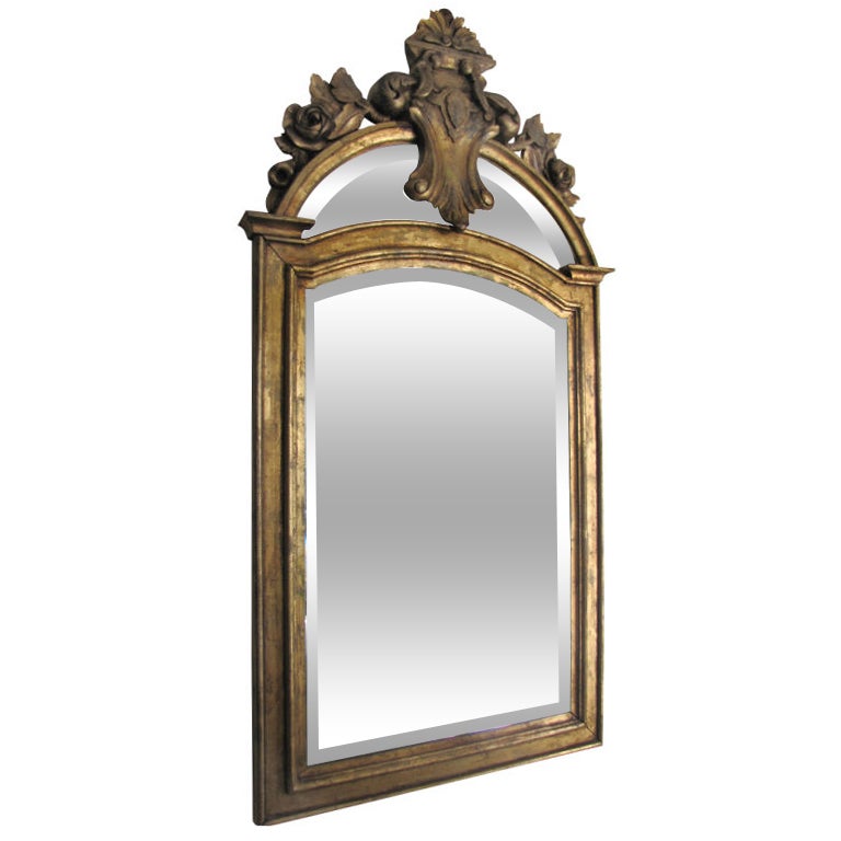 19th C French gilt-wood mirror with carved crest (A930)