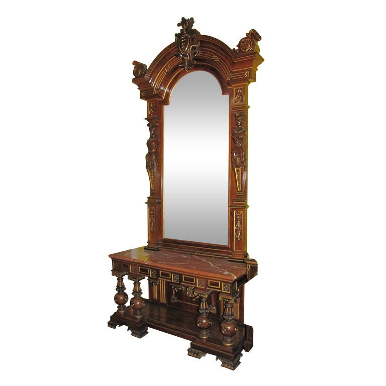 19th Century Carved Walnut Pier Mirror and Console with Label For Sale