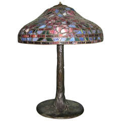 Duffner & Kimberly Art Glass Table Lamp on Bronze Tree Trunk Base