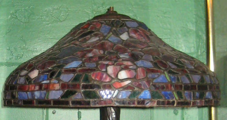 Arts and Crafts Duffner & Kimberly Art Glass Table Lamp on Bronze Tree Trunk Base