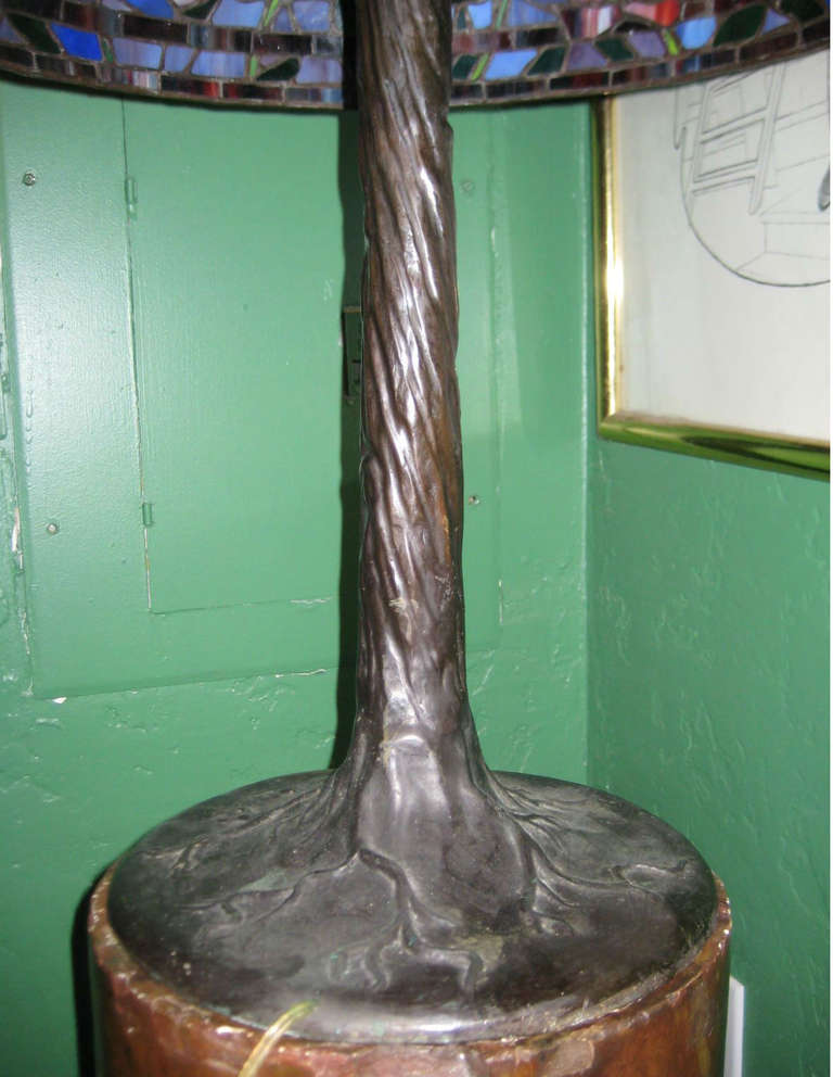 American Duffner & Kimberly Art Glass Table Lamp on Bronze Tree Trunk Base