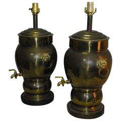 Vintage Pair of Chinese Brass Urns Mounted as Lamps