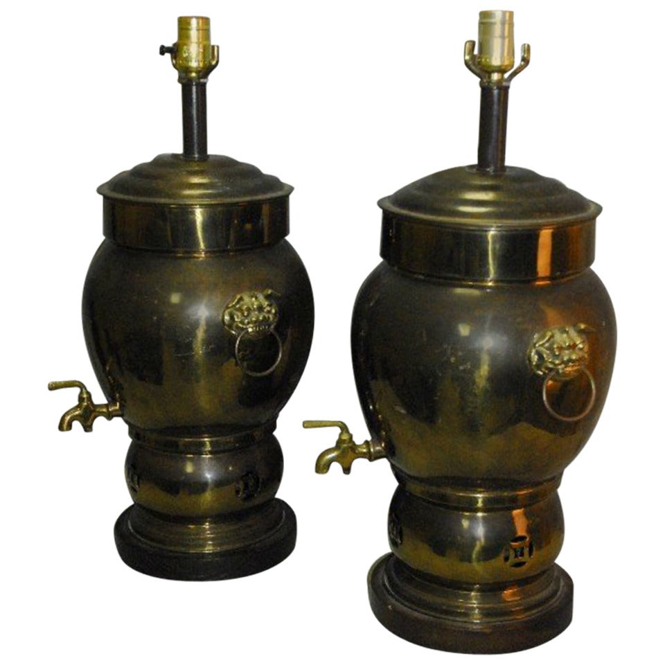 Pair of Chinese Brass Urns Mounted as Lamps For Sale