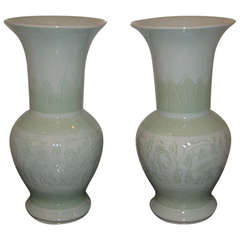 Pair of Chinese Celadon Gu Form Vases