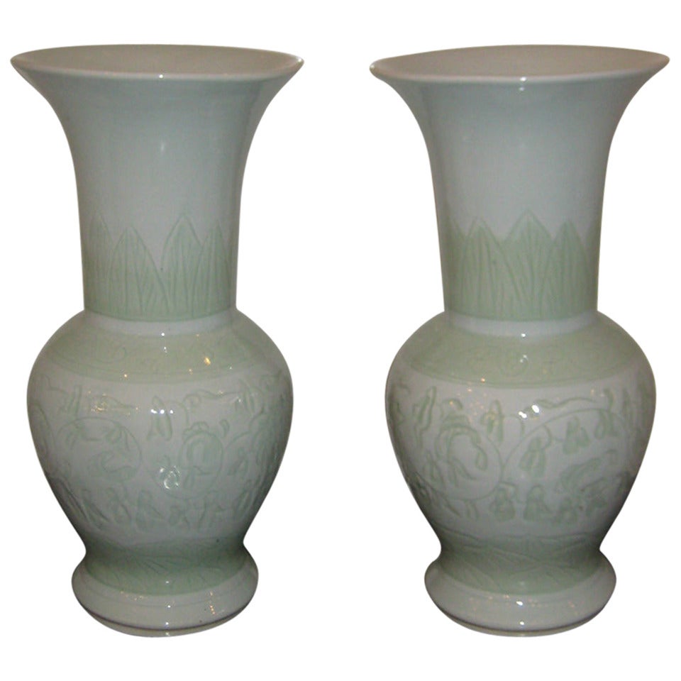 Pair of Chinese Celadon Gu Form Vases