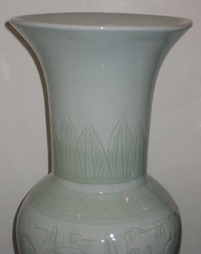 20th Century Pair of Chinese Celadon Gu Form Vases