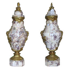 Pair of 19th c. French Gilt Bronze Mounted Marble Cassolets