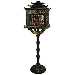 Chinese Black and Red Lacquer and Parcel Gilt Birdcage on Stand
