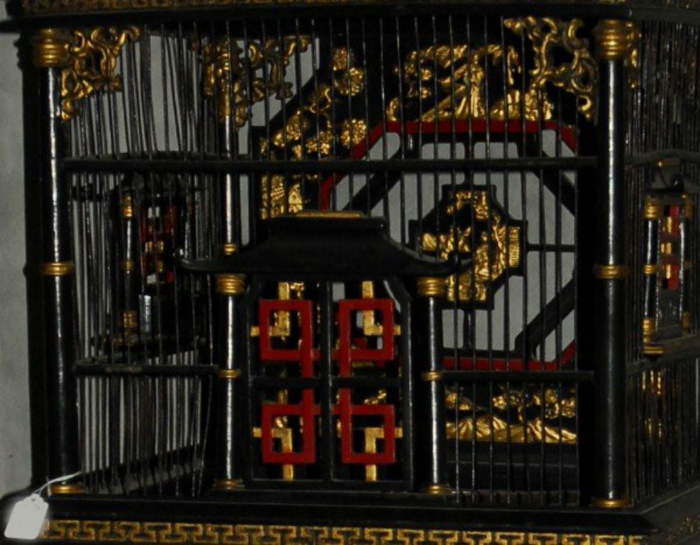 Ming Chinese Black and Red Lacquer and Parcel Gilt Birdcage on Stand