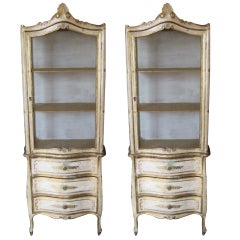 Pair of Mid Century Carved Florentine Cream Painted and Gilt Decorated Vitrines