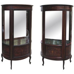 Antique Pair of R J Horner & Co. Inlaid Mahogany Curio Cabinets - Labeled