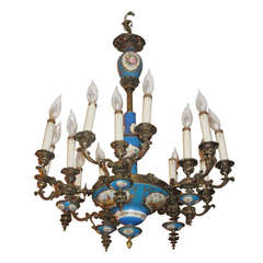 Sèvres Porcelain and Bronze Fifteen-Light Chandelier