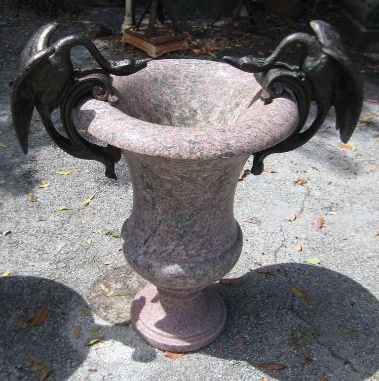 Rococo Pair of 19th Century Carved Granite Urns with Iron Swan Handles
