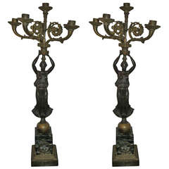 Pair of Empire Bronze Figural Six-Light Candelabra