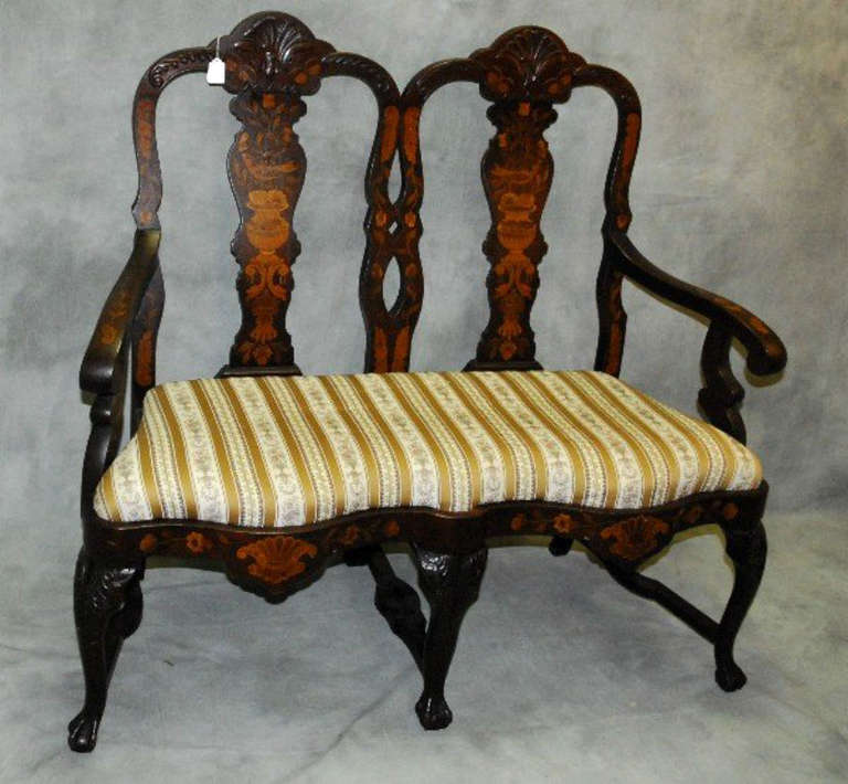 Dutch mahognay and marquetry inlaid double chair back settee.