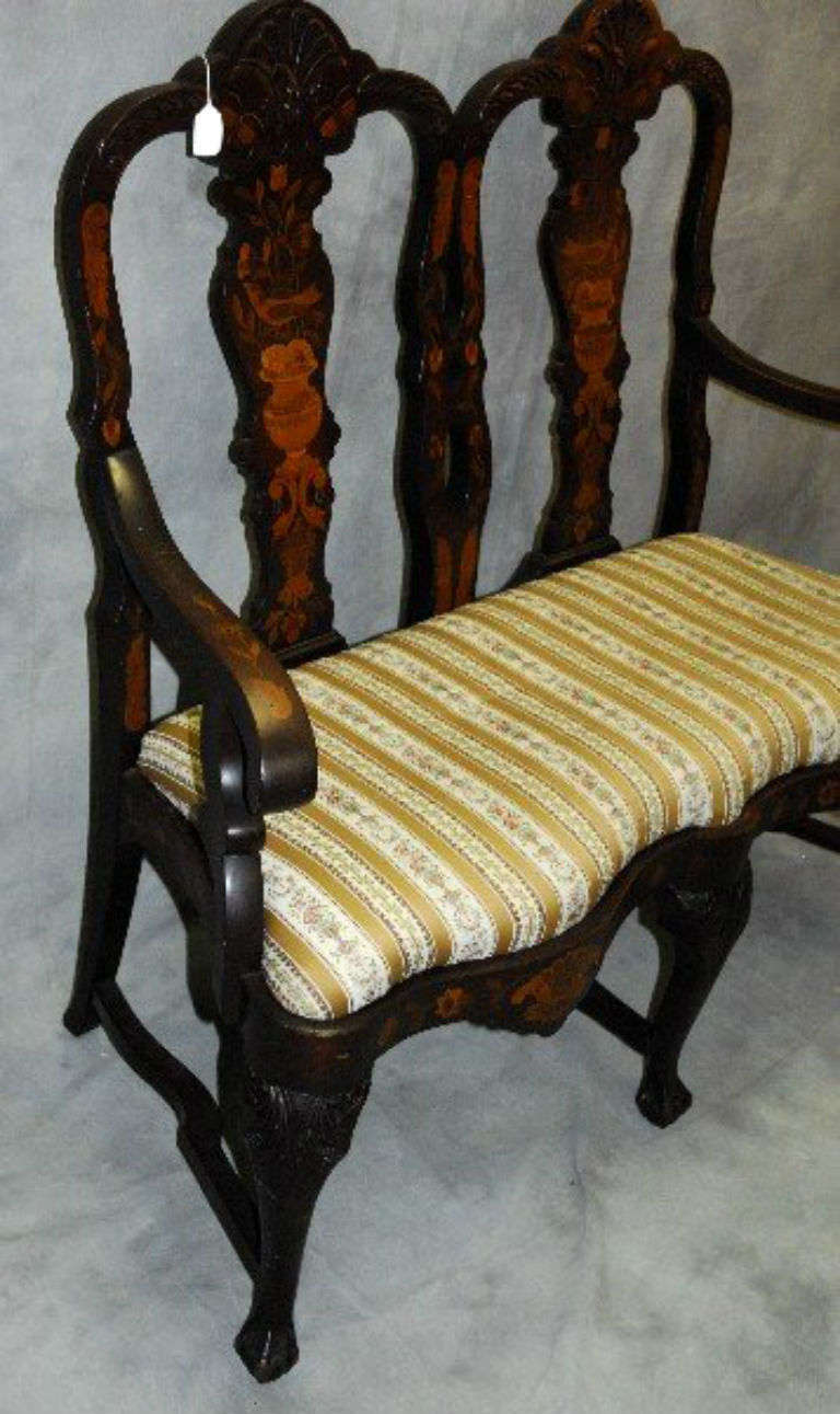 Baroque 19th c. Dutch Marquetry Double Chair Back Settee