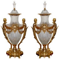 Magnificent Pair of Signed Baccarat Crystal and Bronze-Mounted Urns