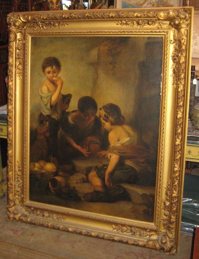 After Bartolomé Esteban Murillo, Spanish, 1617-1682, young boys playing dice, oil on canvas, gilt gesso and wood exhibition frame. Frame: 66