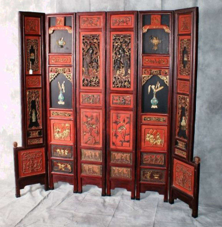 Fine 19th c. Chinese Six Panel Screen with Cloisonne Jade and other Hardstones