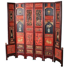 Fine 19th c. Chinese Six Panel Screen with Cloisonne Jade and other Hardstones