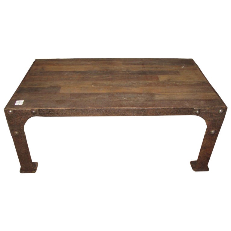 Industrial Iron and Reclaimed Wood Coffee Table For Sale