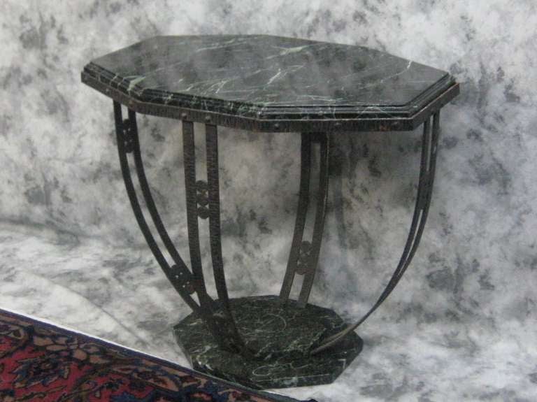 American Pair of Art Deco Iron and Verde Marble Side Tables For Sale