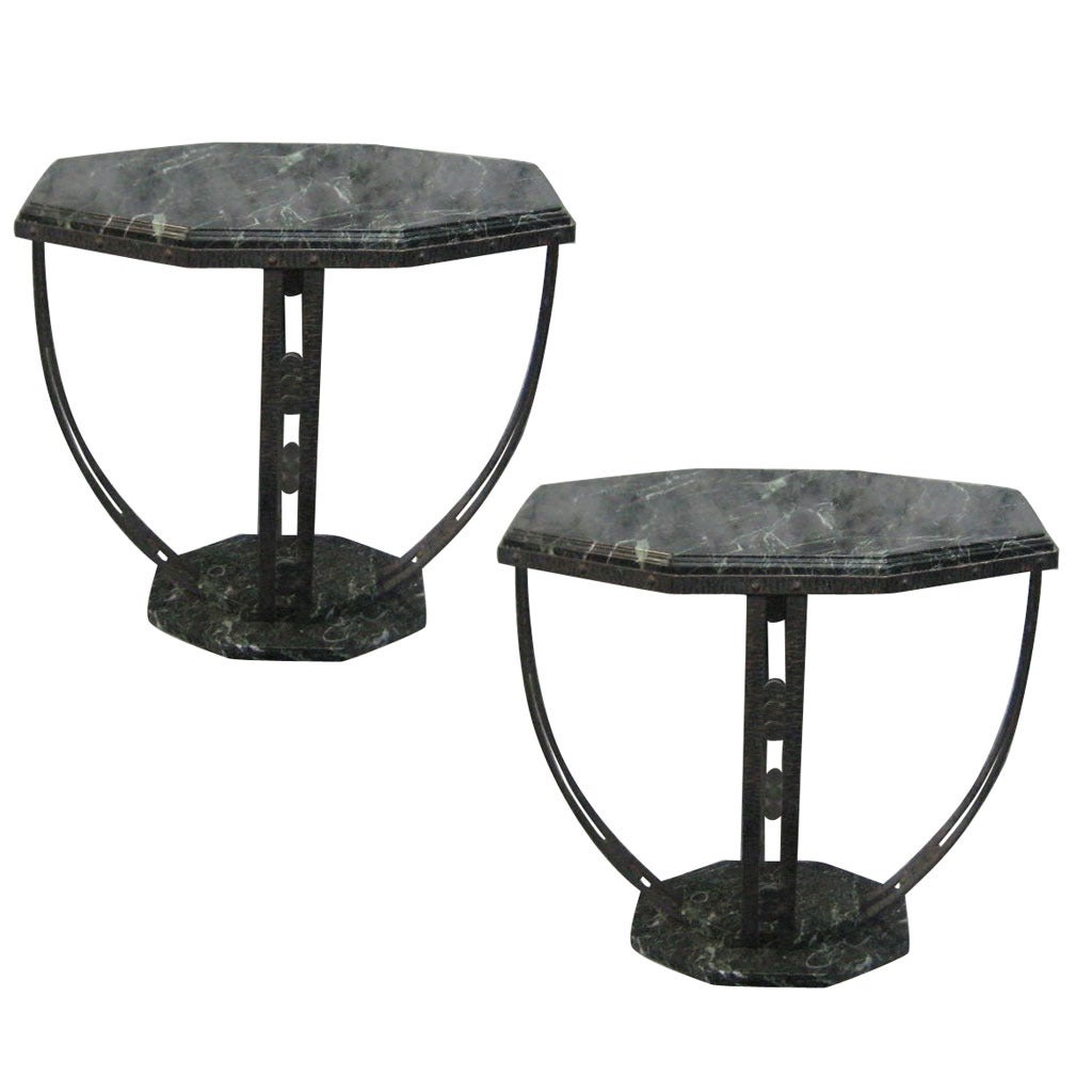 Pair of Art Deco Iron and Verde Marble Side Tables For Sale