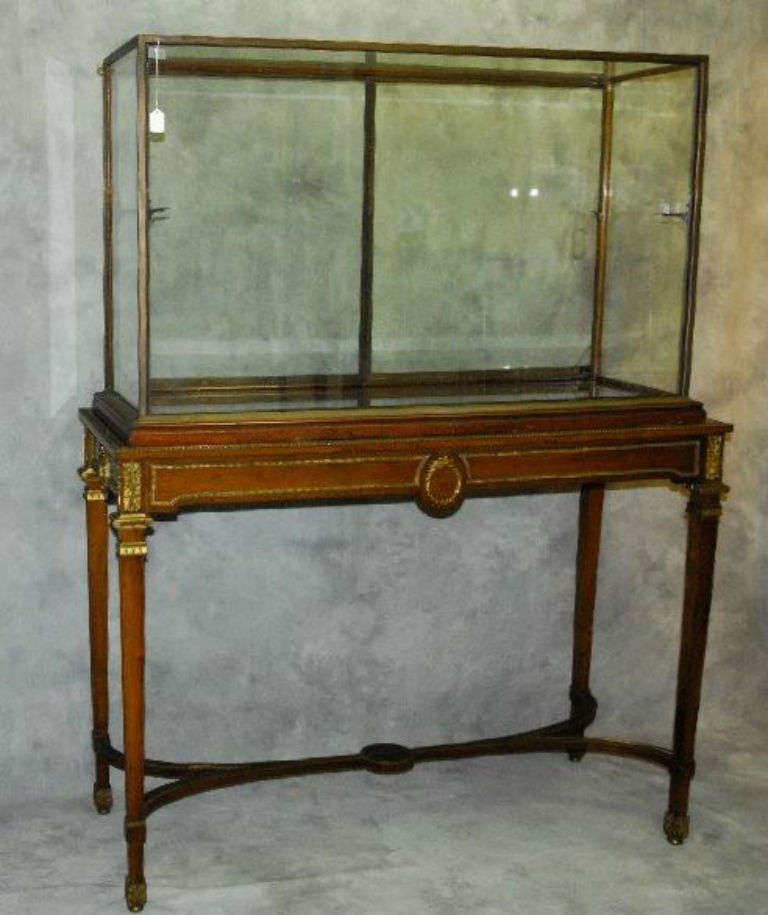 Large Louis XVI bronze and mahogany vitrine; the rectangular bronze and glass vitrine resting on a conforming rectangular mahogany base with bronze-mounted frieze raised on square tapering bronze-mounted legs. H: 71.75