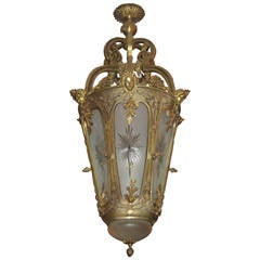 Antique Louis XVI Style Bronze and Etched Glass Lantern