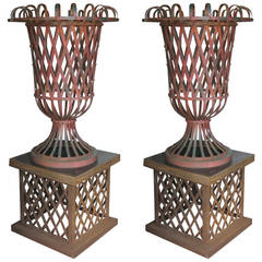Pair of Large Iron Lattice Topiary Vases on Stands