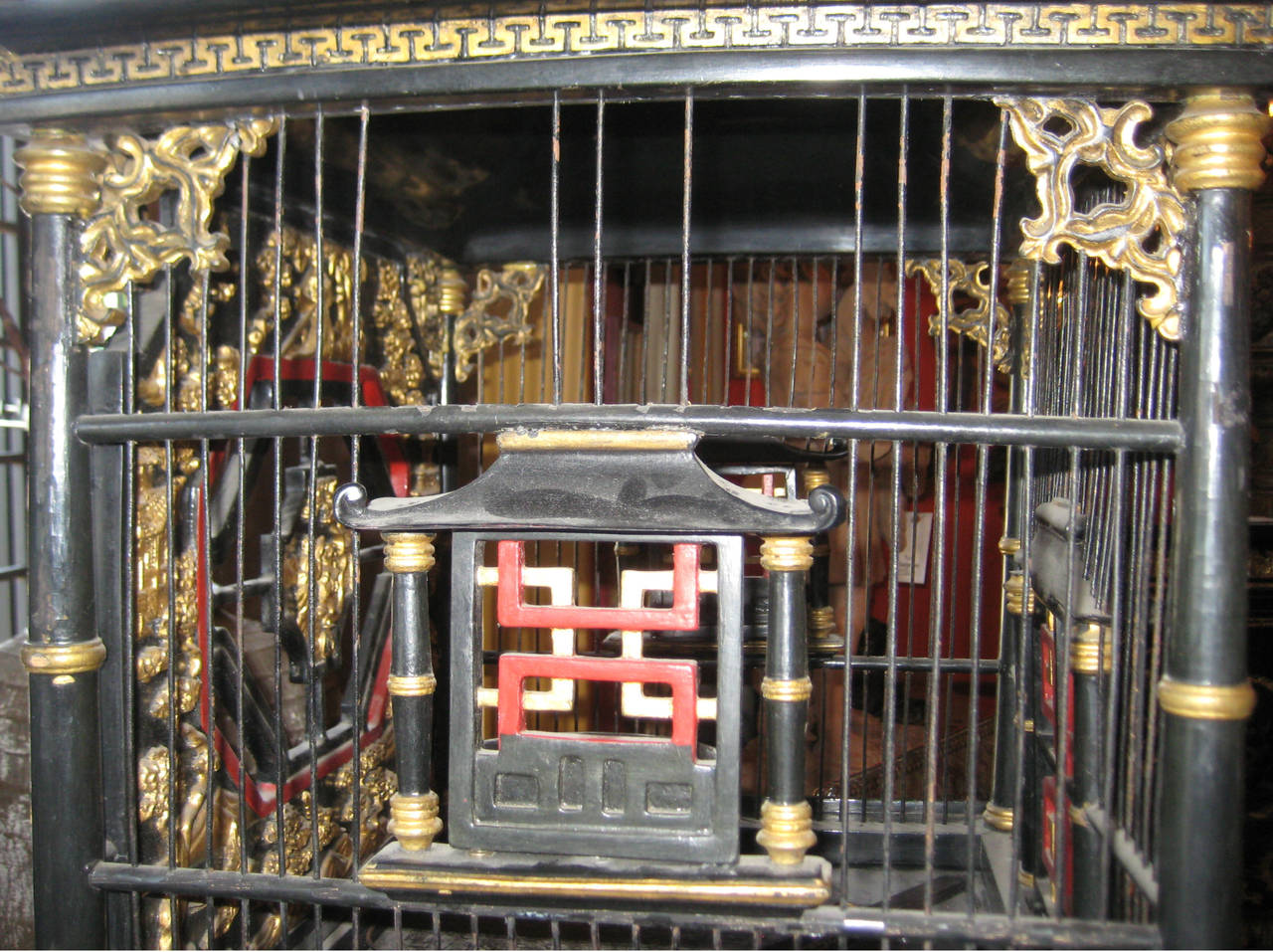 19th Century Chinese Black and Red Lacquer and Parcel Gilt Birdcage on Stand