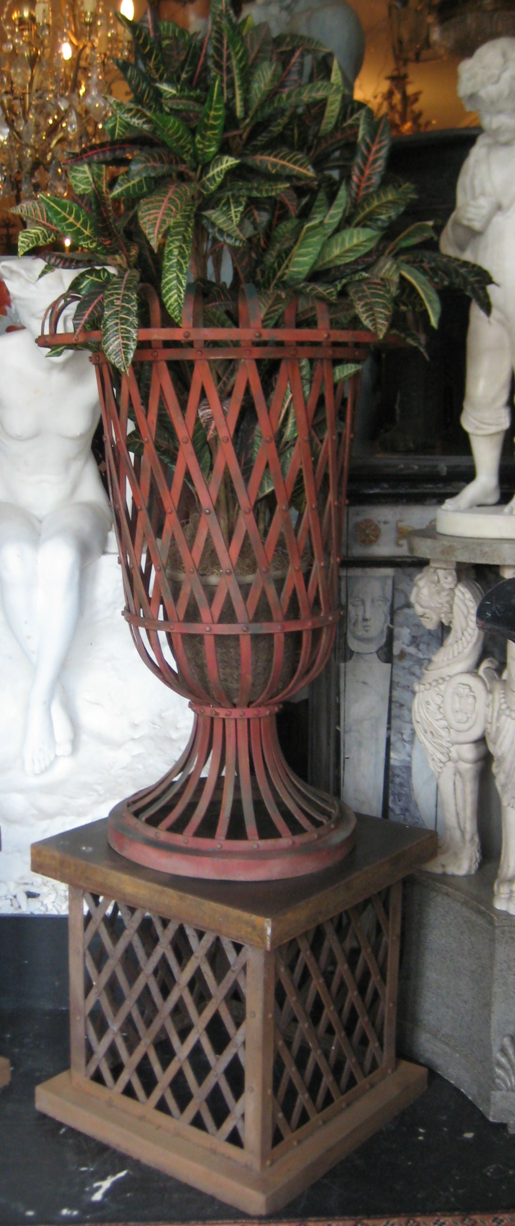 French Pair of Large Iron Lattice Topiary Vases on Stands