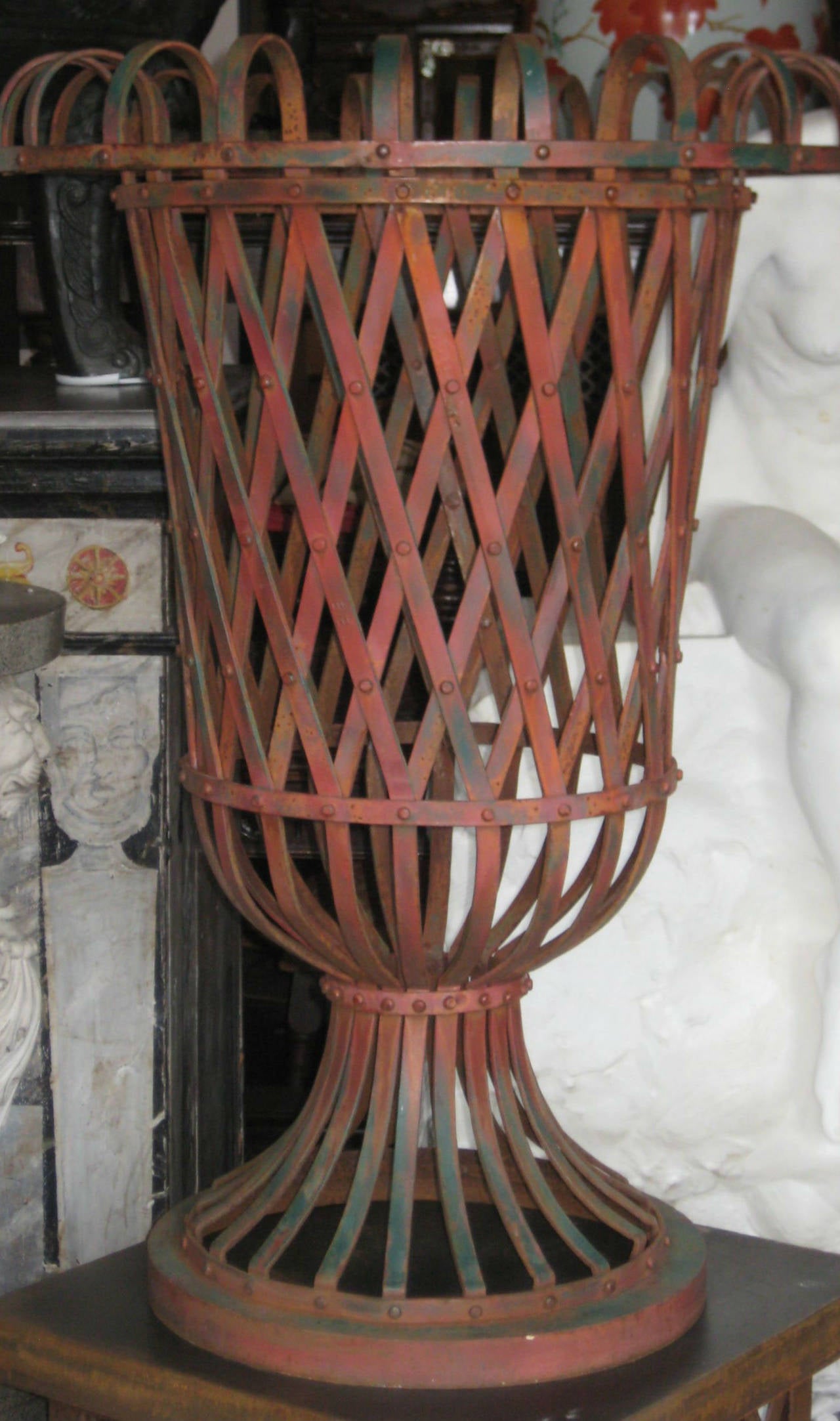 Fantastic Pair of Large Iron Lattice Topiary Vases and Stands. Overall: H: 62