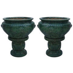 Large Pair of 19th c. Chinese Glazed Terracotta Urns & Pedestals (K225)