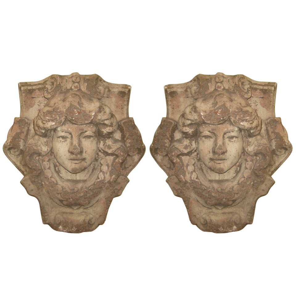 Pair of Italian cast stone heads of Medusa For Sale