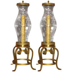 Antique Large Pair of 19th Century Iron and Etched Glass Hurricane Lamps