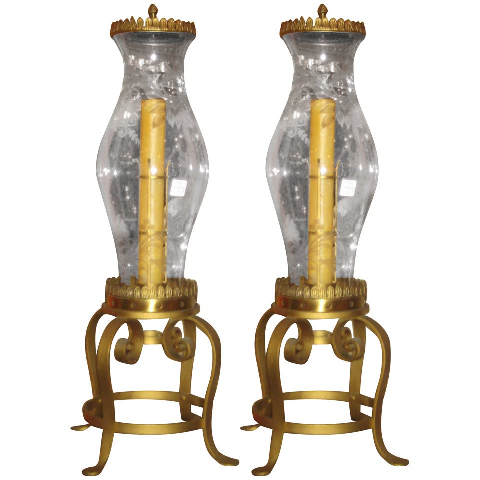 Large Pair of 19th Century Iron and Etched Glass Hurricane Lamps